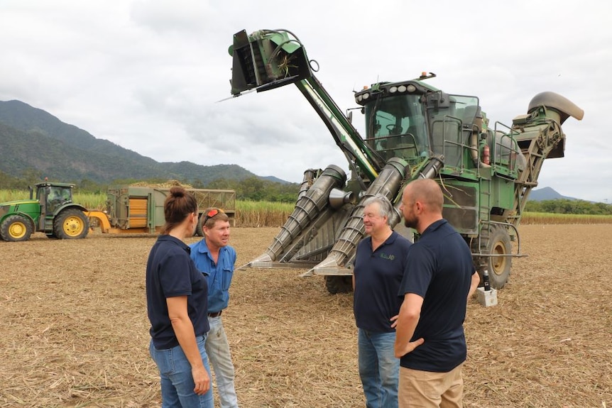 A man chats with Wet Tropics staff in a cane paddock he's just harvested, with the machine and haul-out truck behind them