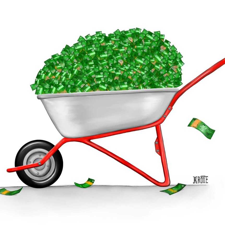 Illustration of a wheelbarrow full of money.