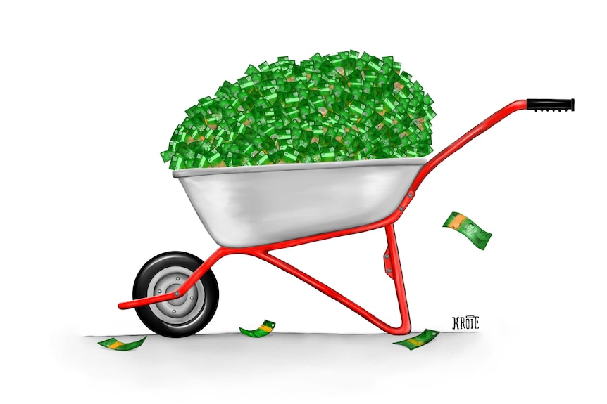 Illustration of a wheelbarrow full of money.