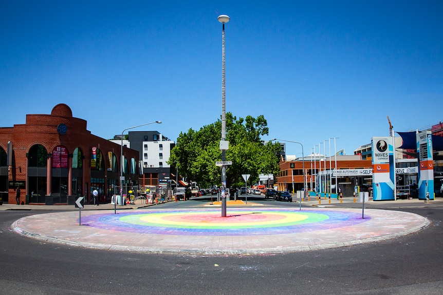 A roundabout painted in rainbow colours in Braddon, Canberra