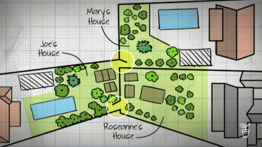 Plans of backyard gardens with inter-connecting gates into each yard