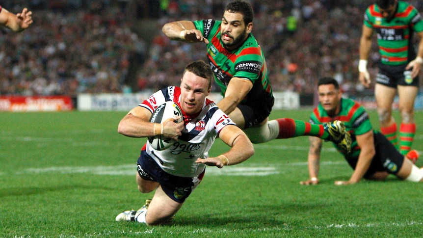 Staying focused ... James Maloney scores for the Roosters against the Rabbitohs last week