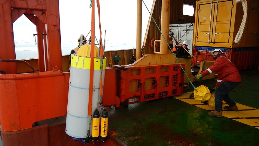 Acoustic mooring device being retrieved from Southern Ocean.