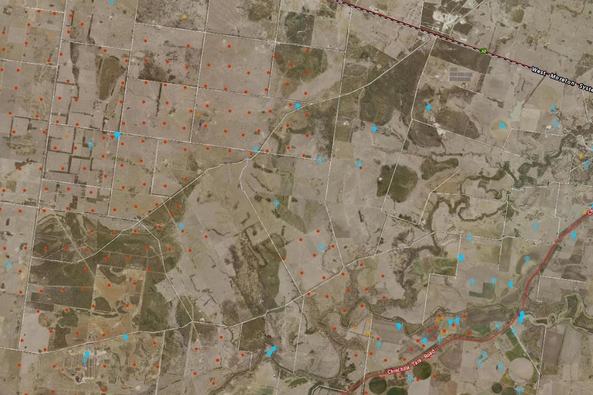 A map from Queensland Globe showing CSG wells near Chinchilla, September 2020.