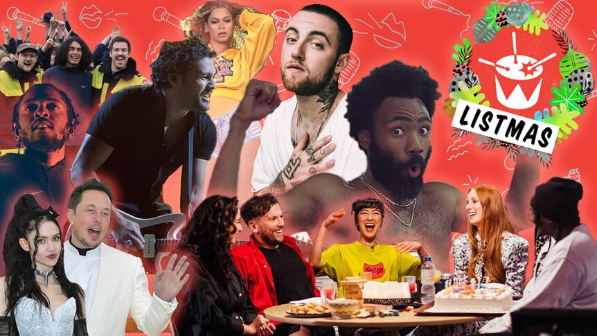 A collage of Kian, Kendrick Lamar, Grimes, Elon Musk, Gang of YOuths, Beyonce, Mac Miller, Childish Gambino, and more