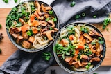 Two bowls of soup with noodles, mushrooms, tofu and carrots and sprinkled with coriander
