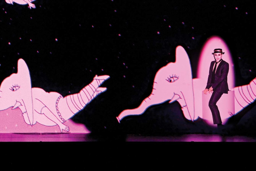 Stage with black backing and projections of pink animated elephants, with a man standing in front, overlaid with projection.