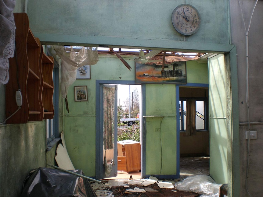 The interior of a cottage that has been destroyed by a cyclone.