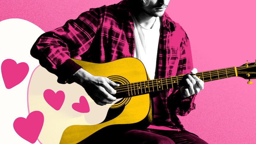 An illustration of a man wearing a pink check shirt playing a guitar, with pink hearts coming out of the guitar