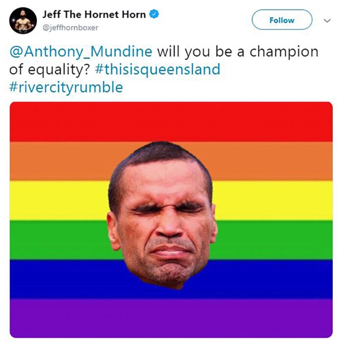 Jeff Horn twitter post asking Anthony Mundine if he would be a champion of equality.