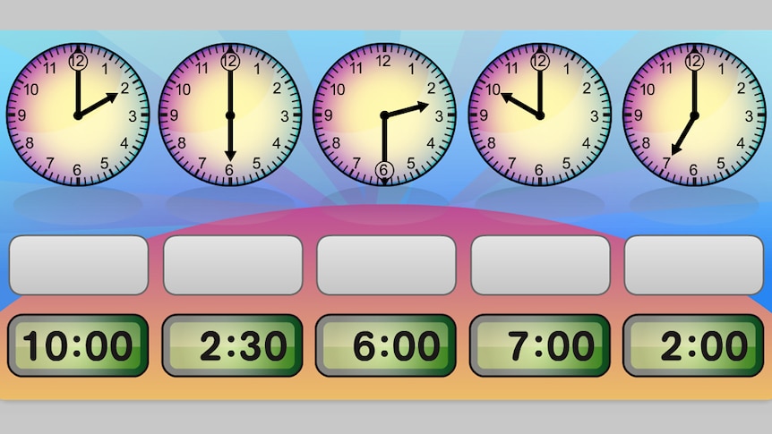Screenshot of Time Tools: 12-hour to the half hour game, analogue clocks, digital clocks