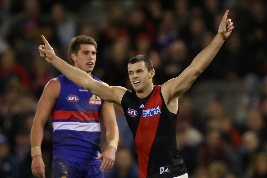 Essendon's Brent Stanton celebrates after kicking a goal in the final quarter against the Bulldogs.