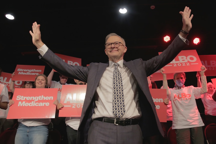Anthony Albanese has his hands in the air in front of Labor and Albo signs 
