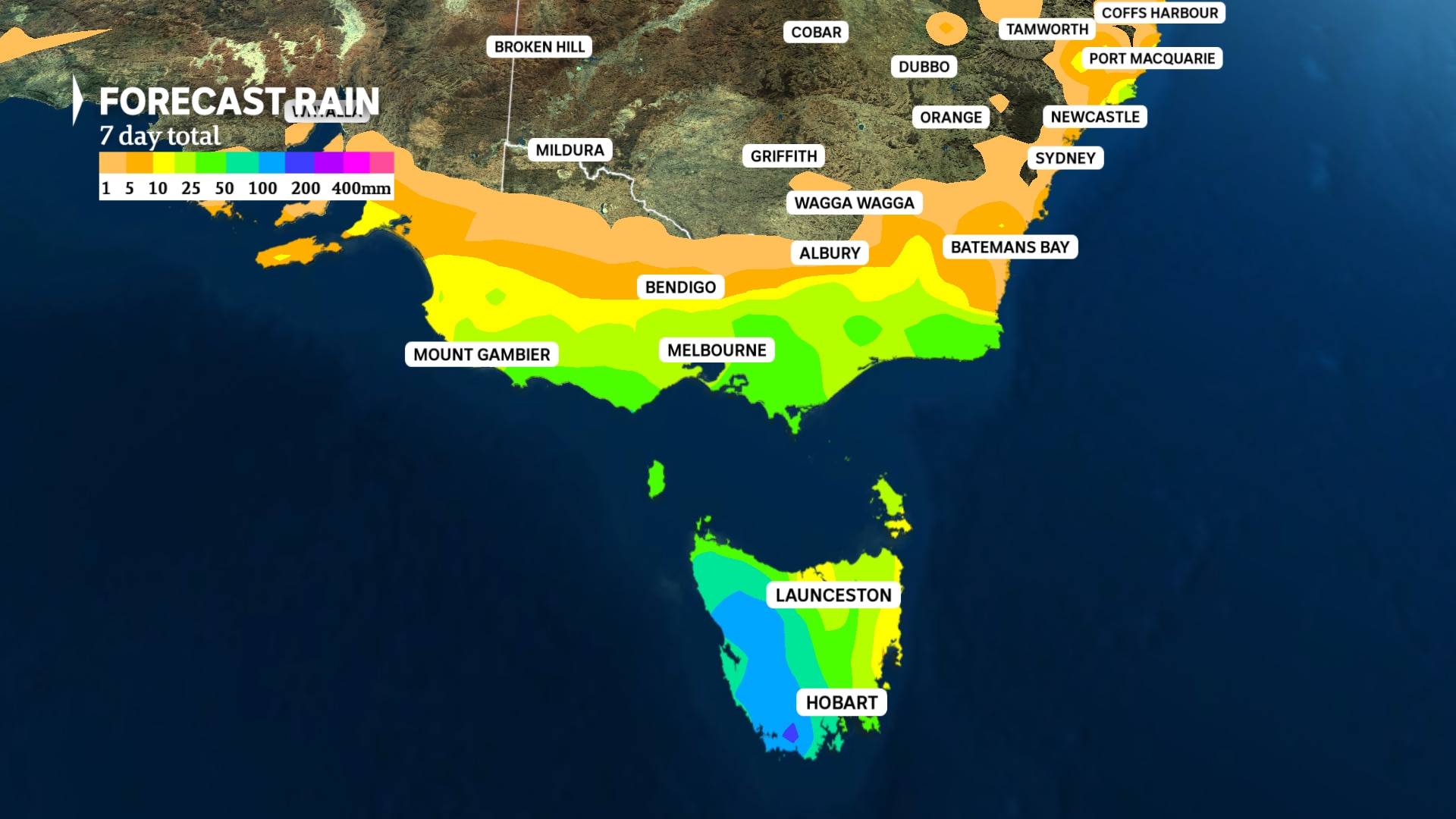 weather map of eastern australian states shows forecast rain 