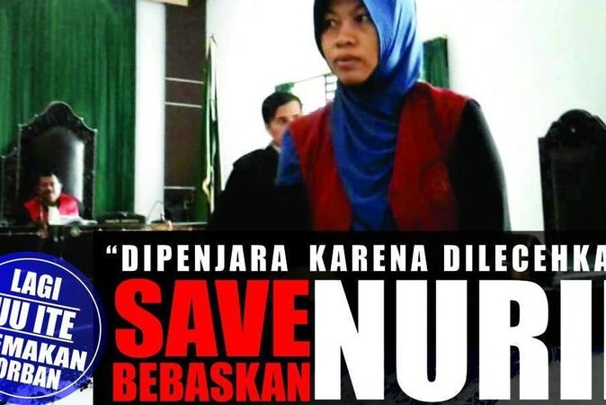 A graphic shows Nuril in court and reads "again the ITE law has targeted a victim."