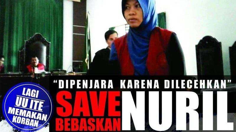 A graphic shows Nuril in court and reads "again the ITE law has targeted a victim."