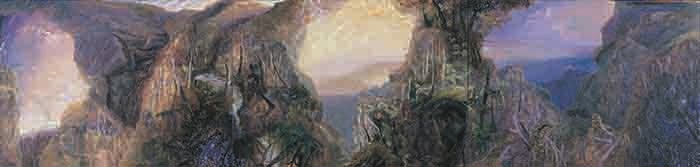 A three-panelled mountain landscape painting