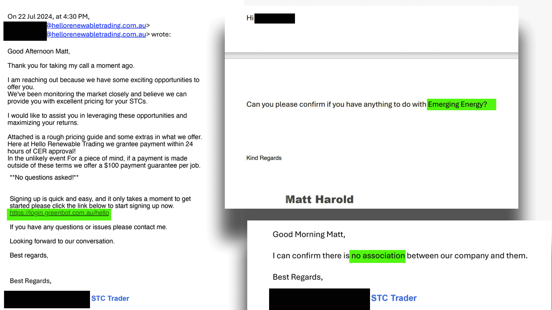 A composit image of an email chain