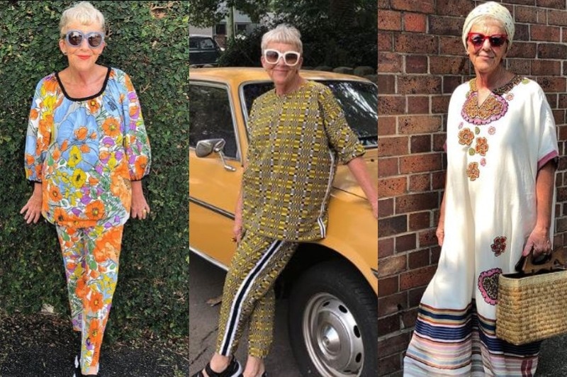 Lesley Crawford models several colourful outfits in three separate images.