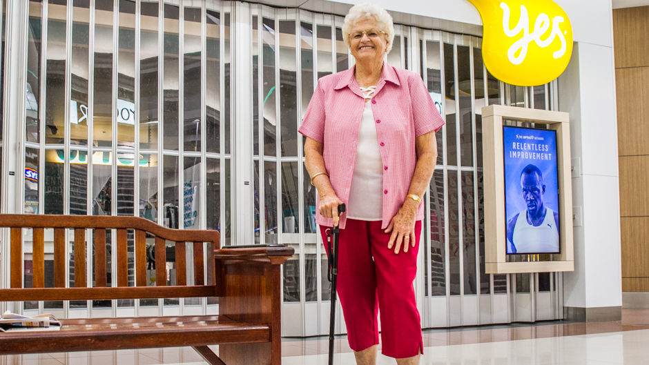 Elaine Hawthorne credits mall walking as the key to getting rid of her roller-walker.