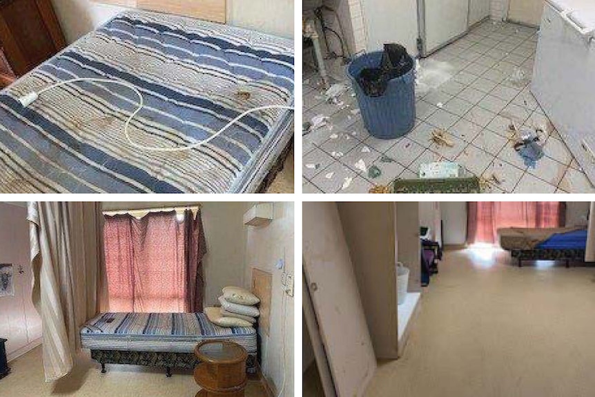 Four images of living conditions. A stained mattress, door off hinges, rubbish strewn floor, bed with curtain around it.