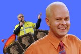 A collage of actor James Michael Tyler, Scott Morrison, three postage stamps and a satellite dish. 