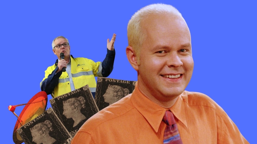 A collage of actor James Michael Tyler, Scott Morrison, three postage stamps and a satellite dish. 