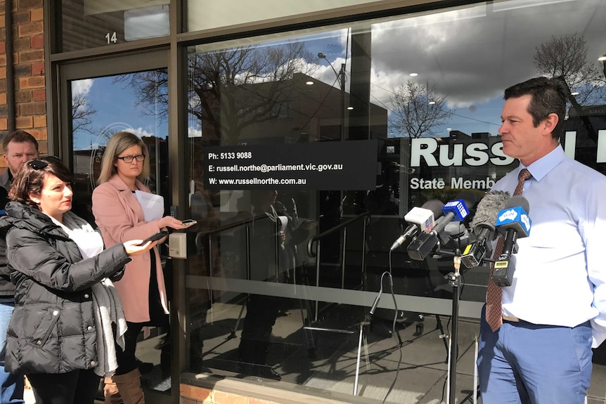 Morwell MP Russell Northe speaks to the media outside his office in Morwell, Victoria.