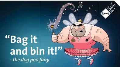 A council sign with the picture of a fairy that says 'bag it and bin it'