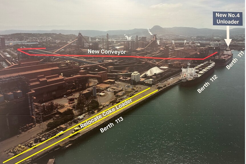 Aerial photo of wharf with lines drawn on top to explain upgrade plans.