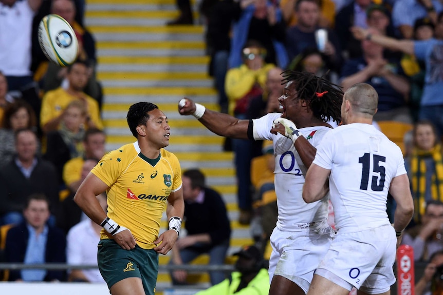 Marland Yarde celebrates a try against the Wallabies