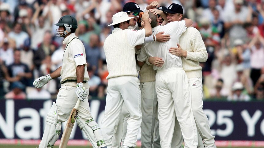 Ricky Ponting walks after being dismissed by Simon Jones in the 2005 Ashes series.