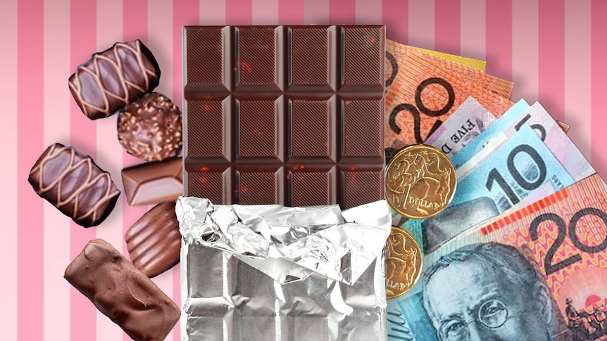 A graphic of a chocolate bar, single chocolates, and Australian currency, 2023.