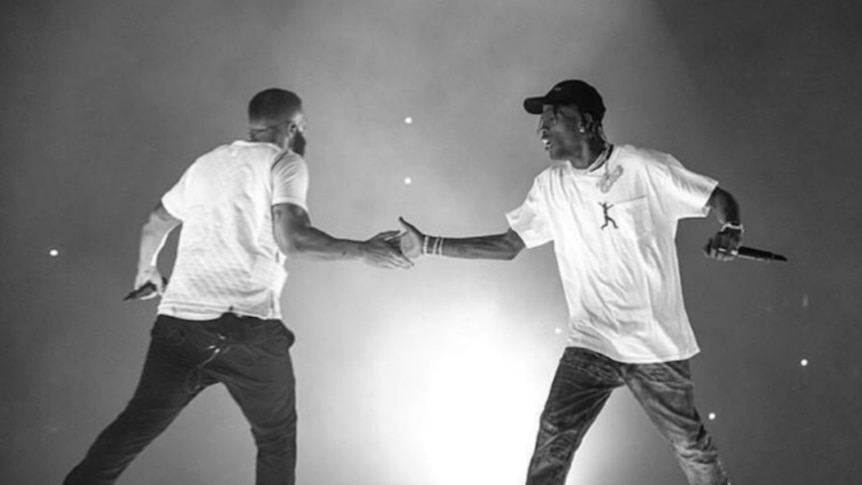 Black and White Instagram shot of Drake and Travis Scott on stage