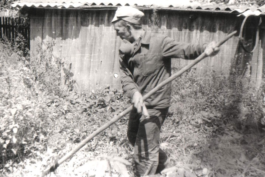 A man wearing a respirator in Chernobyl.