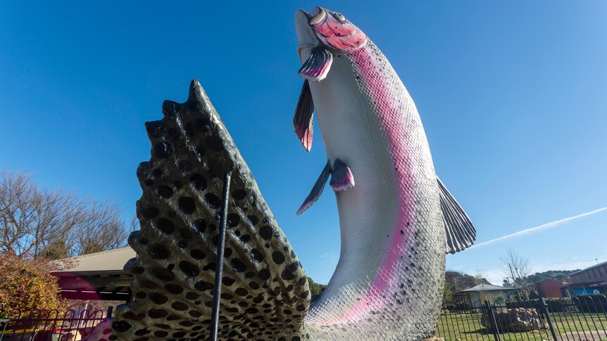 A big rainbow trout statue against a blue sky. 