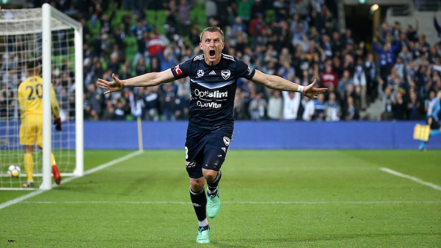 Besart Berisha of the Victory celebrates his goal against Adelaide in A-League Elimination Final.