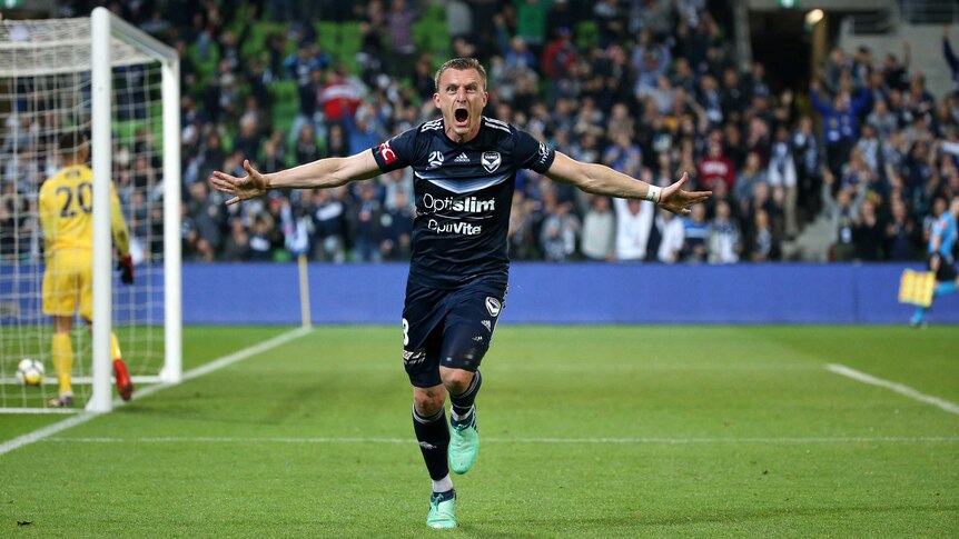 Besart Berisha of the Victory celebrates his goal against Adelaide in A-League Elimination Final.