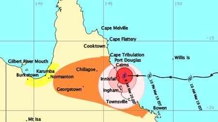 BOM map shows Cyclone Larry hitting nth Qld with eye over Innisfail