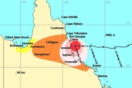 BOM map shows Cyclone Larry hitting nth Qld with eye over Innisfail