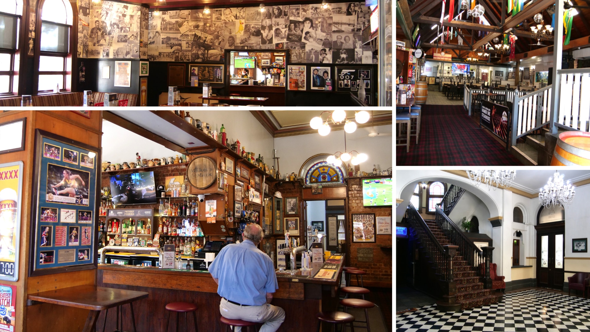 Collage of interiors of heritage hotel with memobrilia on walls 
