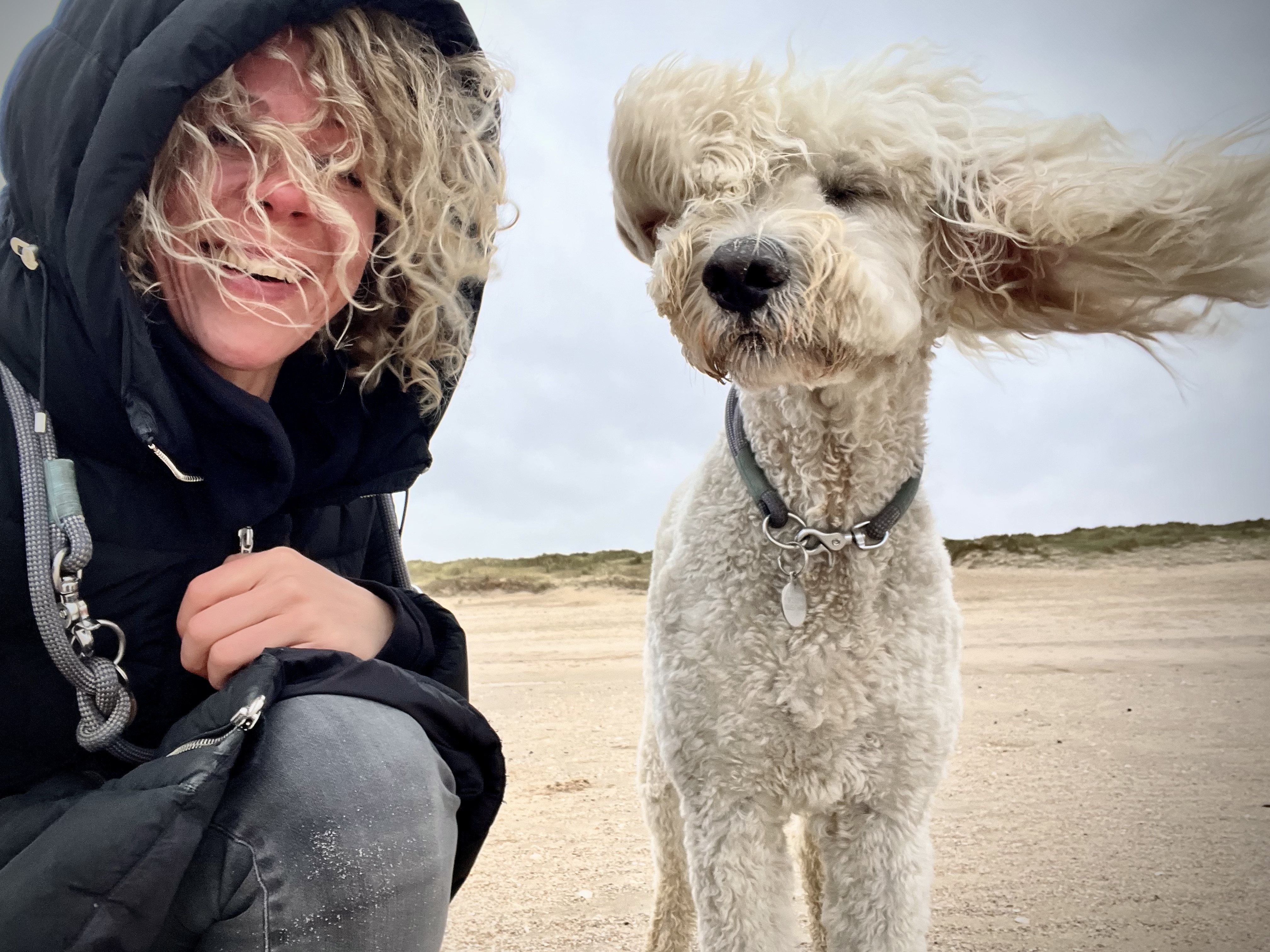 A female taking a selfie with her dog. Her hair and the dogs curly hair are flowing in the wind