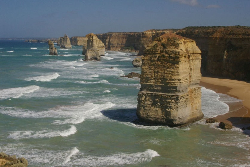 The twelve apostles, large limestone cliffs in the ocean.