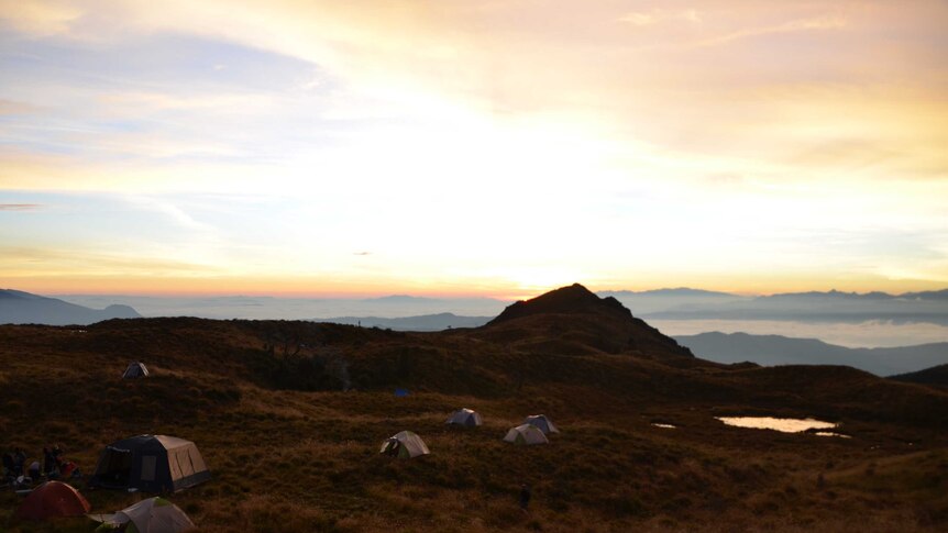 Sunset over camp atop the Mt Giluwe massif