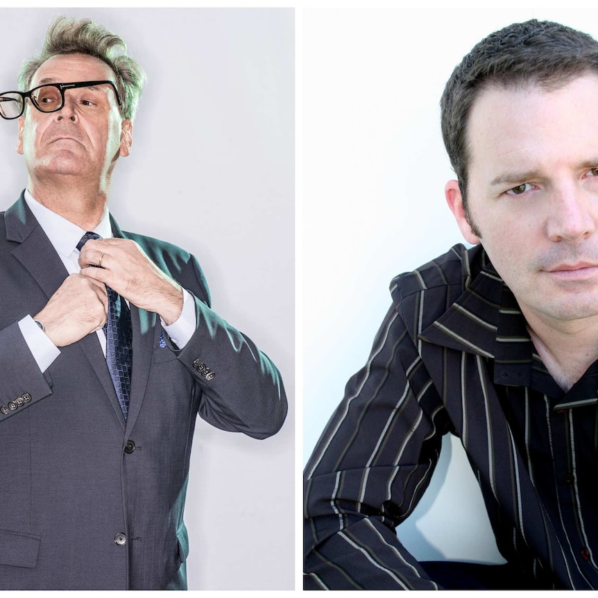 Two side-by-side portraits: Left, Greg Proops adjusts his necktie; right, Brad Sherwood looks at the camera.