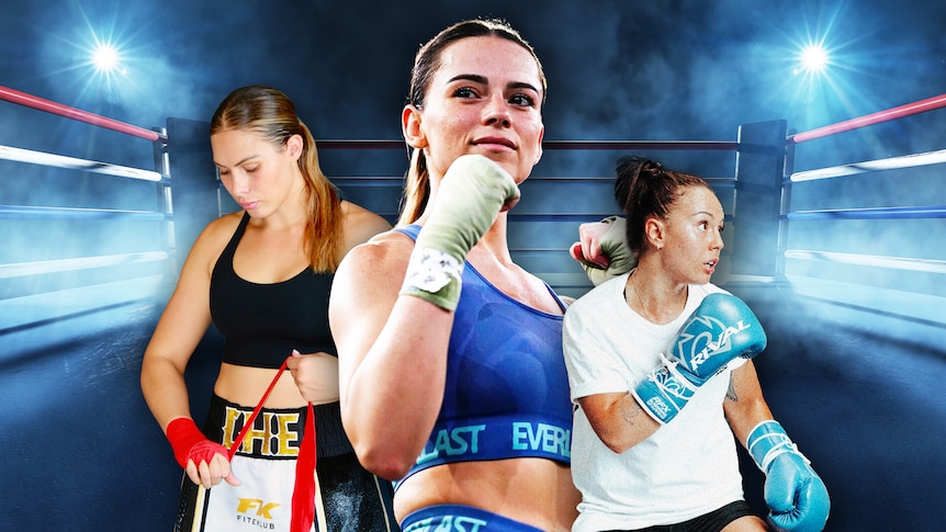 A composite photo of three female boxers