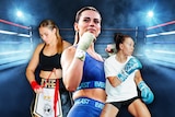 A composite photo of three female boxers