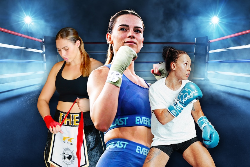 A composite photo of three female boxers