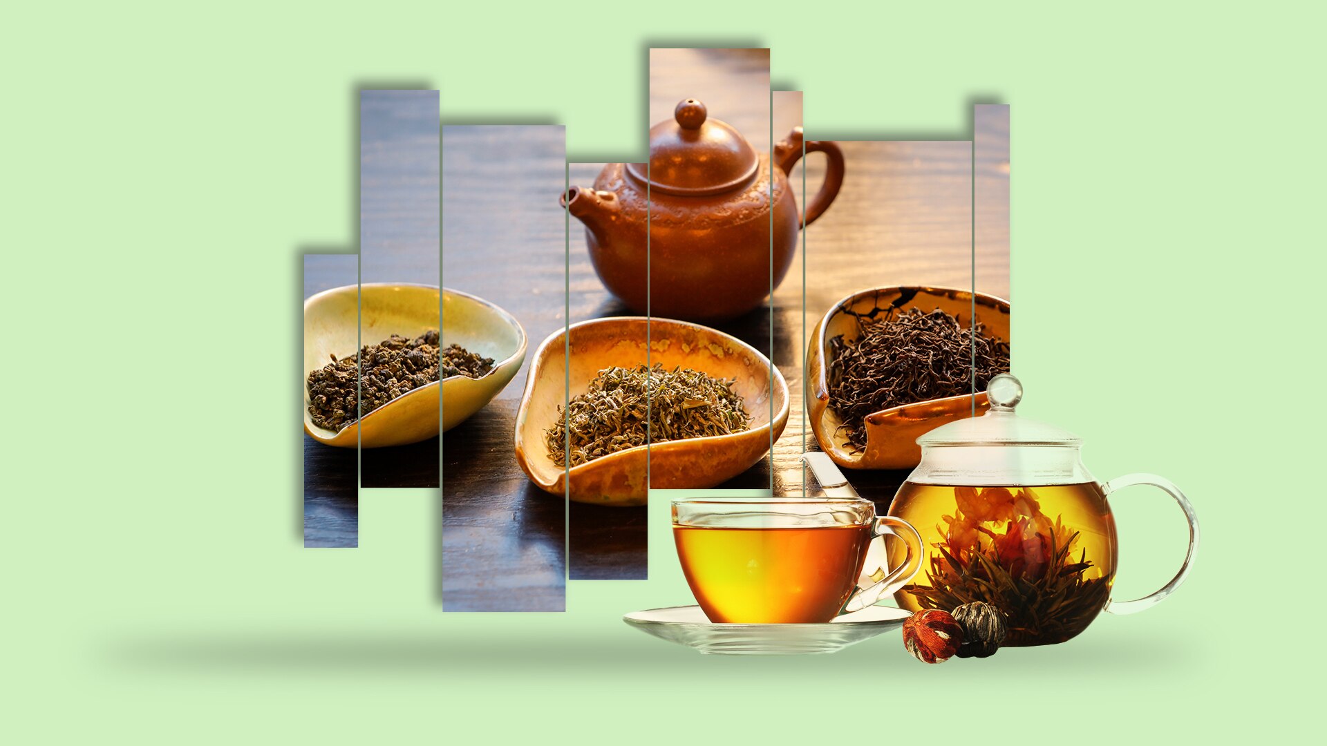 An edited image of a teapot with tea leaves on a green background.