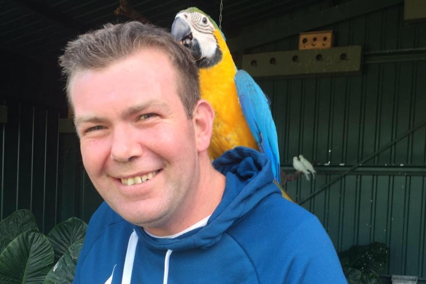 Ashton Jones looks at the camera and has a large yellow and blue parrot on his back